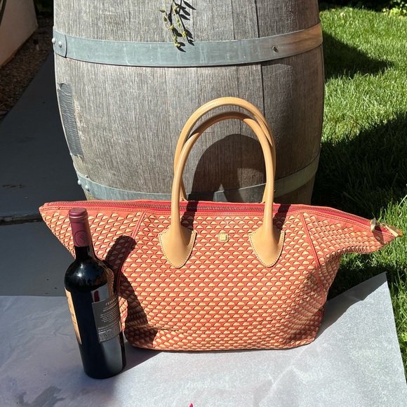 Pour La Victoire Leather basketweaved Authentic Extra Large Tote  Tan/Orange - Picture 3 of 16